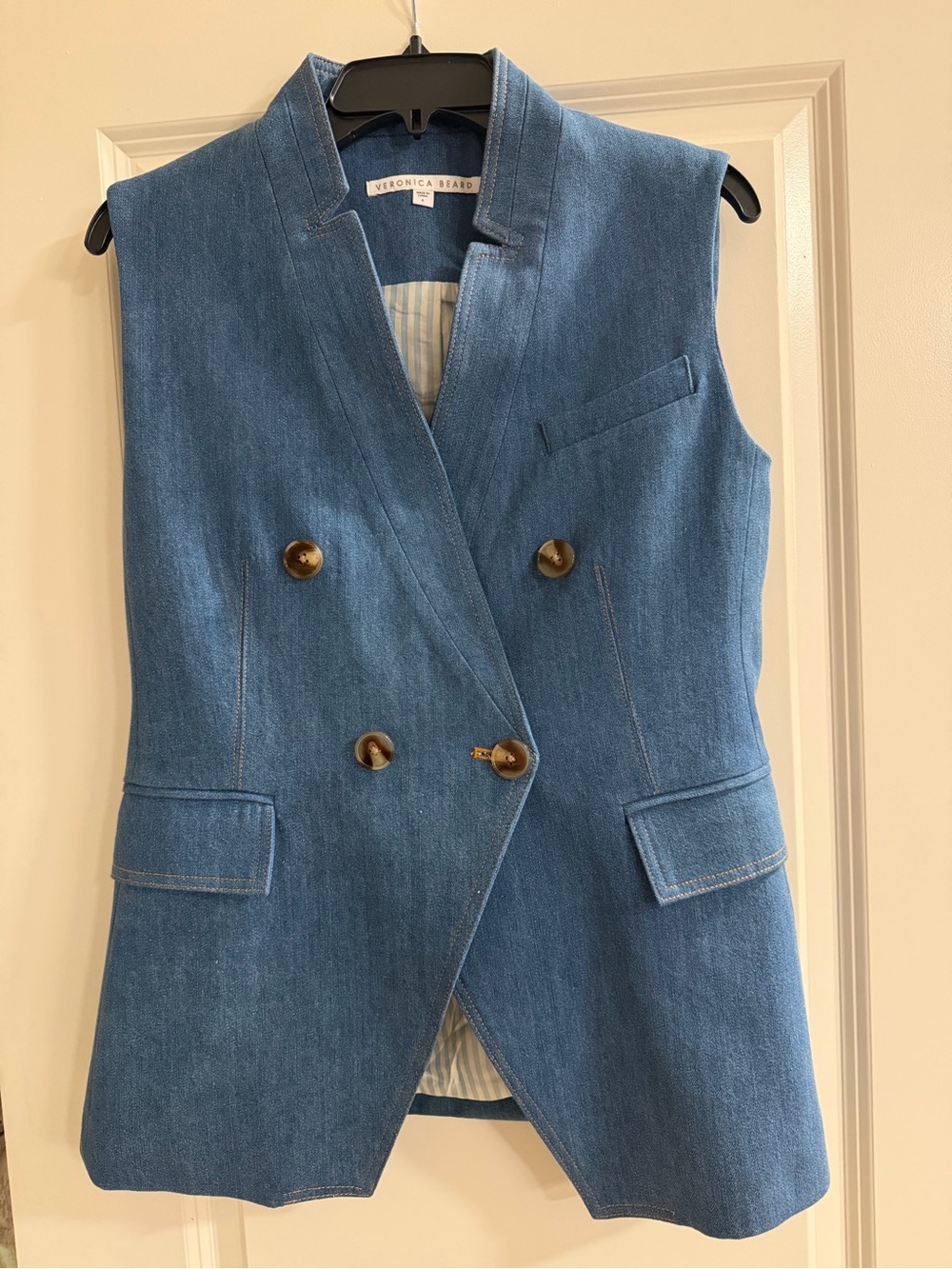 Veronica Beard Sleeveless Double-Breasted Denim Vest in Medium Blue
